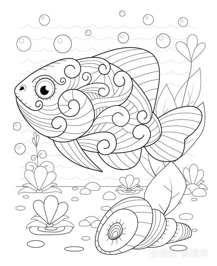 手绘装饰鱼在波浪与海藻插画-正版商用图片0qab7v-摄图新视界