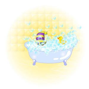 肥皂泡泡.浴缸与泡沫气泡内外浴黄色橡胶鸭子和船离子的背景墙.