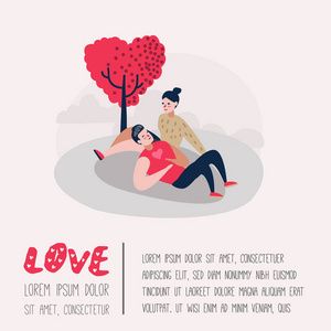 情侣在爱情人物的海报, 横幅。情人节涂鸦的心和浪漫元素。爱情和浪漫的概念。矢量插图