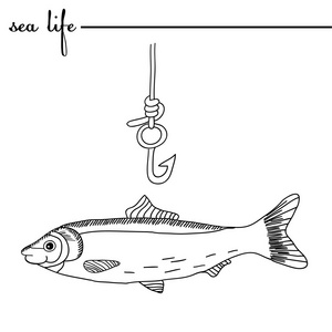 海上生活。鲱鱼和钓鱼钩。原始的涂鸦手绘插画。概述