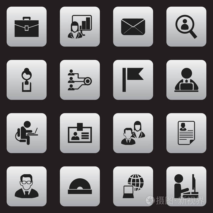 16 可编辑办公室图标集.包括书信, 教授,彭南特等符号.