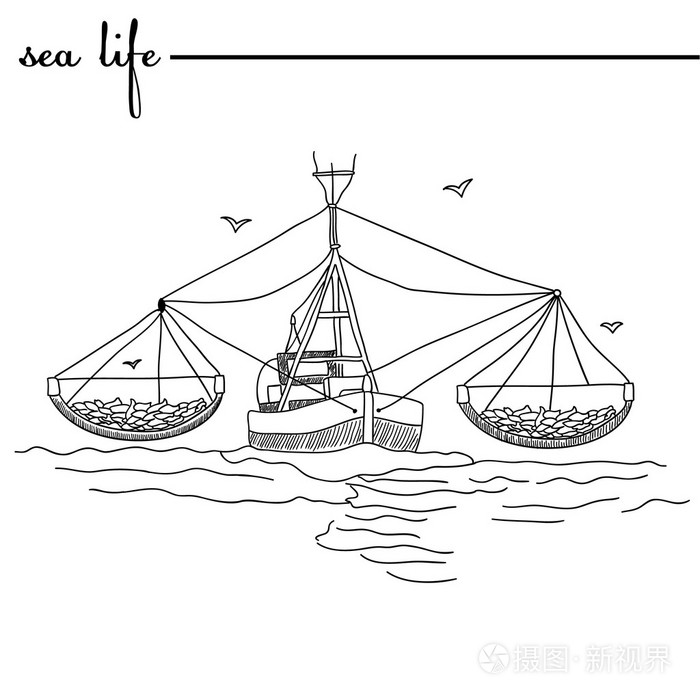 捕鱼的拖车.原始的涂鸦手绘插画.轮廓,白色背景上孤立