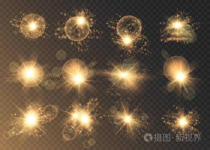 设置 闪亮的星 太阳粒子和火花的一个突出的效果 金黄散景灯闪光和亮片 在一个黑暗的背景透明 向量eps10插画 正版商用图片0qaptb 摄图新视界
