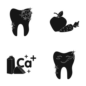 与辉煌波光粼粼，苹果胡萝卜有用对牙齿，牛奶盒 奶酪和钙的标志 面带笑容的齿牙。牙科护理中的黑色风格矢量符号设置集合图标
