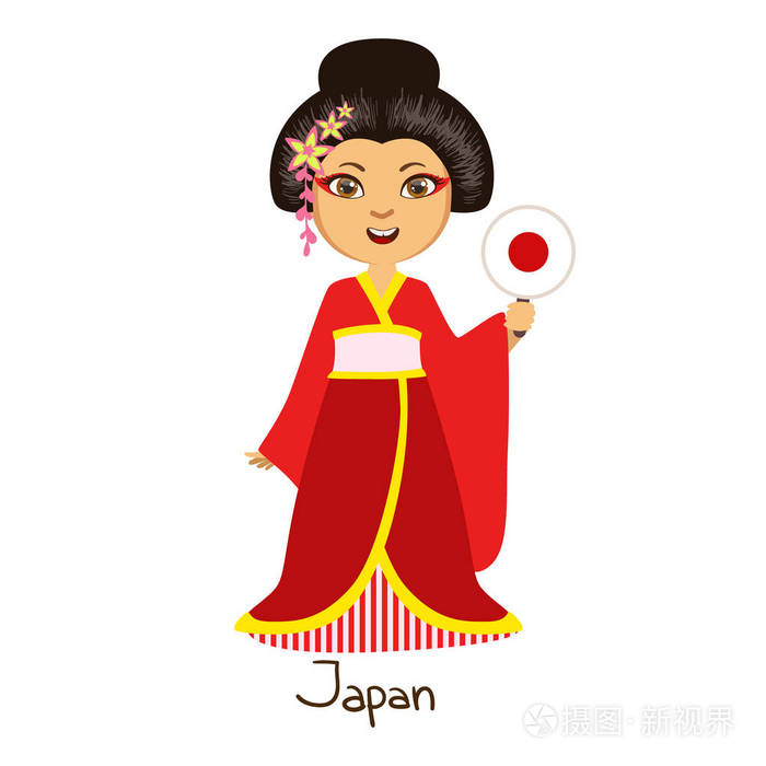 在日本国家的民族服饰,为民族穿着传统和服的女孩