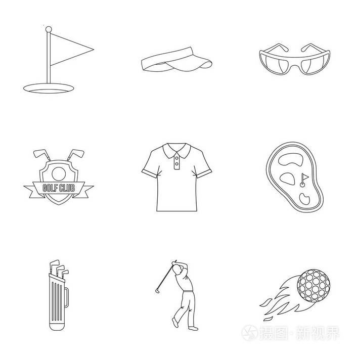 大纲设置9高尔夫球市场矢量图标在白色背景下的 web 隔离插画-正版