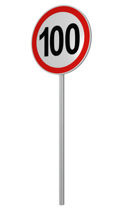 德国交通标志 速度极限 100 kmh, 被隔绝在白色, 3d 渲染