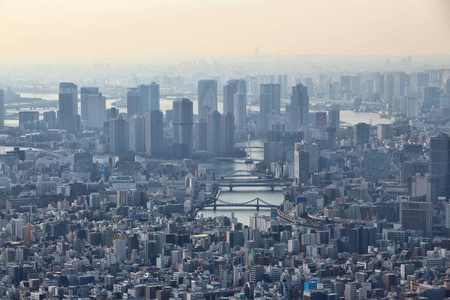 东京市, 日本。中央病房和月岛岛的朦胧地平线