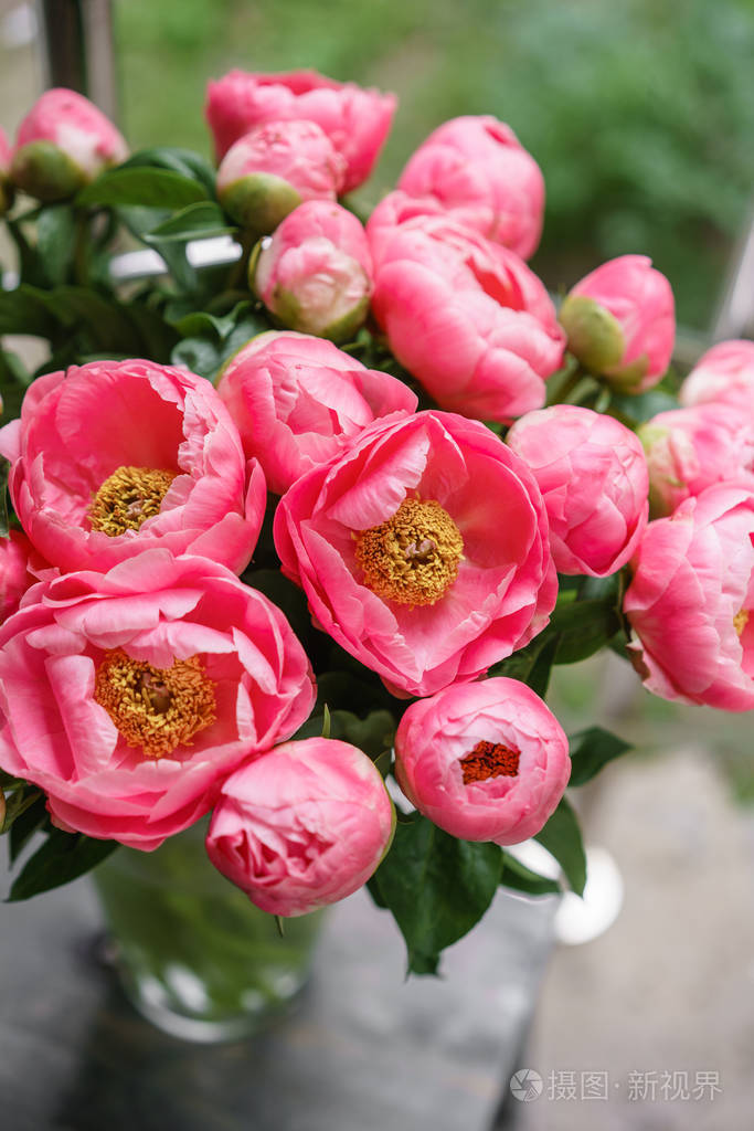 粉红色的牡丹花.美丽的夏日花束.花卉成分.壁纸.玻璃花瓶中的可爱花朵