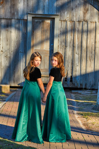 长礼服双胞胎十几岁的姐妹手在公园 sooden 小屋