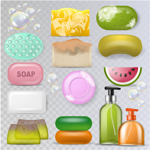 肥皂媒介卫生软肥皂和浴 soaper 与肥皂气泡例证温泉美容套装浴室护肤洗浴用品在透明背景下隔离