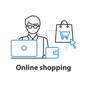 网上购物概念图标。数字购买理念细线条插图。矢量隔离轮廓图