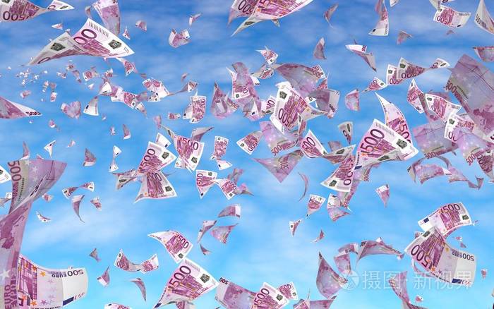 钱在空中飞翔.500欧元的颜色.3d 插图