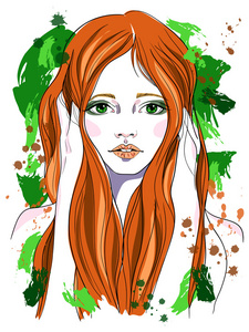 一个红头发的女孩的画像。时尚插画绿色抽象背景。T 恤的打印