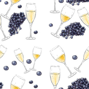 白色背景的葡萄酒杯和葡萄的节日矢量无缝图案