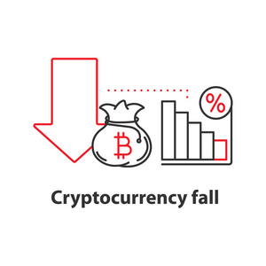 Cryptocurrency 秋季概念图标。利润下降的想法薄线插图。比特币失败。矢量隔离轮廓图