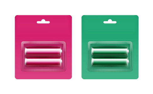 向量设置的粉色洋红色绿色光泽碱性 Aa 电池在粉色洋红色绿色吸塑包装品牌关闭了在白色背景上的分离