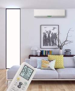 现代室内公寓, 配有空调和遥控3d 渲染插图