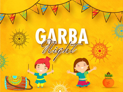 贺卡设计与快乐的孩子在舞蹈姿势, 鼓 Dhol 在橙色花的背景上装饰旗为加尔巴事件庆祝