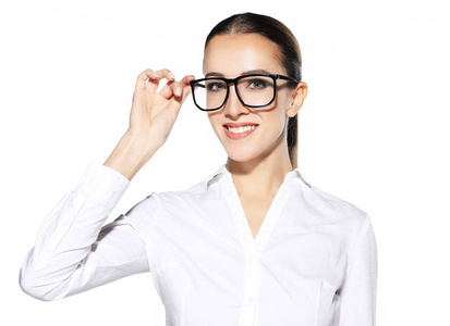生活方式, 商业和人的概念 年轻的商业妇女在眼镜以上的白色背景