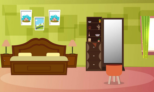 卧室室内设计与床, 橱柜, 灯和风景的插图