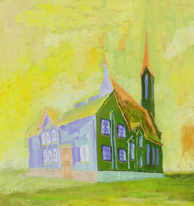 油画。美丽的大教堂在一个晴朗的日子。粗刷笔画。鲜艳的颜色