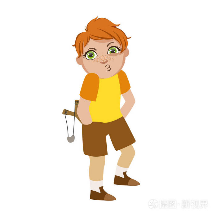 男孩用弹弓找麻烦,坏孩子行为的一部分和恶霸系列的字符被粗鲁和进攻