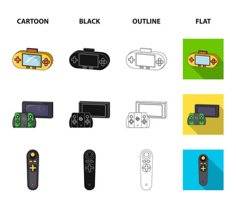 游戏和电视机顶盒卡通, 黑色, 轮廓, 平面图标集集合为设计。游戏小工具矢量符号股票 web 插图
