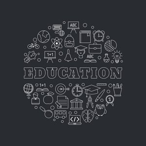 教育设计理念与教育, 学校和大学的图标。回到学校。黑色背景