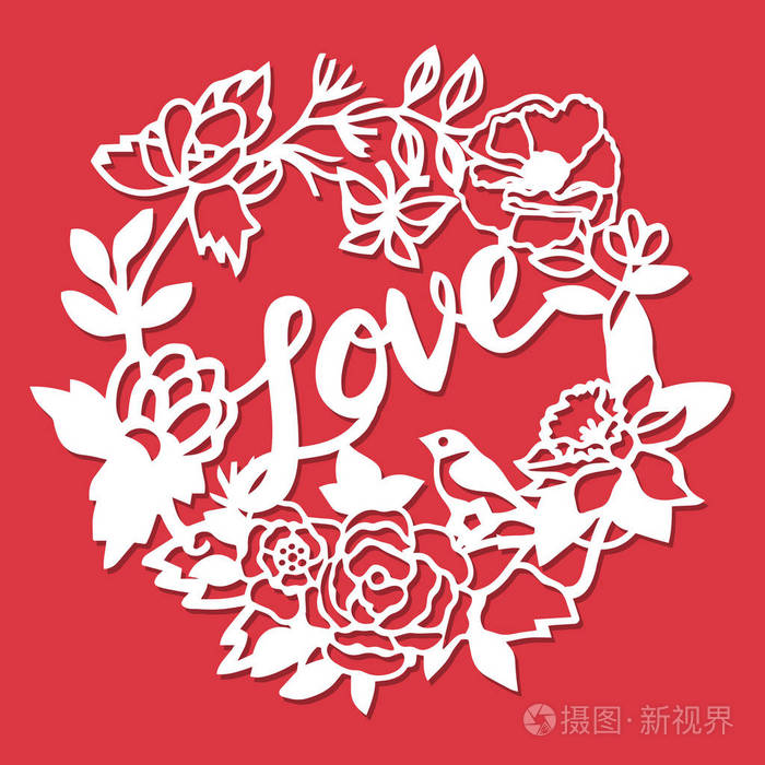 复古剪影剪纸爱鲜花花圈框架