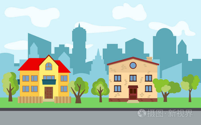在阳光明媚的日子里, 有两层卡通房子和绿树的矢量城市.夏季城市景观.