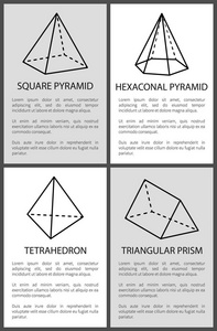 方形六角金字塔四面体三角形棱镜矢量插图草图投影的数字划线和线条绘制金字塔和棱镜