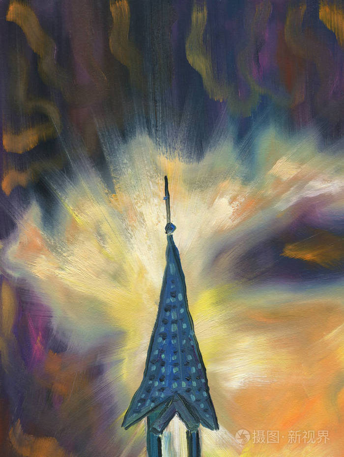 油画.塔与尖顶.大教堂在晚上.天空中有一个象征上帝的光辉.粗画笔描边