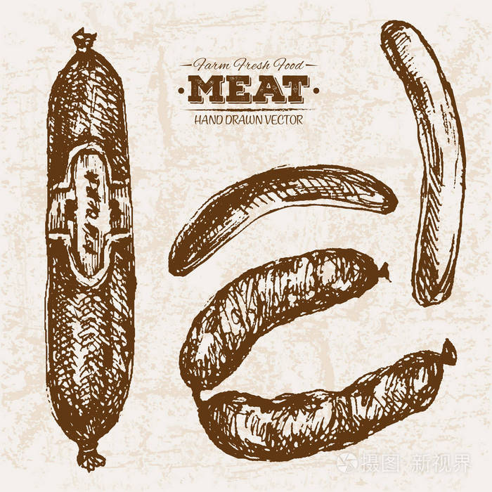 手绘素描香肠和香肠肉类产品集, 农场新鲜食品, 黑白葡萄酒插图