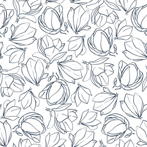 图形的玉兰花和芽。手绘制的矢量无缝模式。着色书页设计