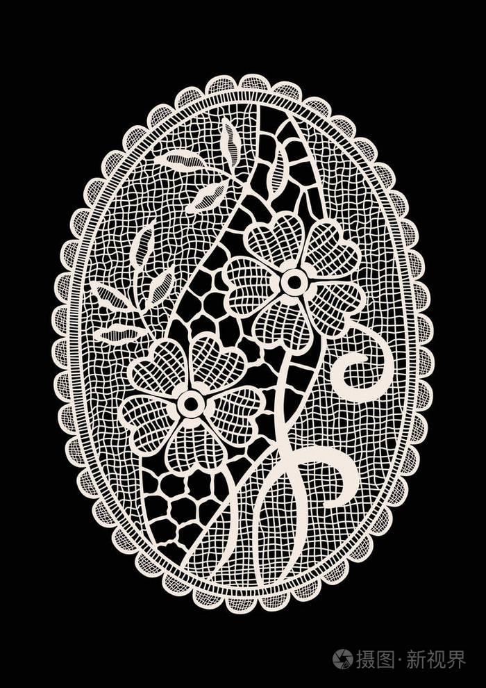 颈部刺绣设计, 在黑色背景下的矢量花边打印