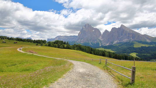 阿尔卑斯 de 休斯在 Ortisei 之上以一个蜿蜒的路径在前景, Sassolungo 和 Sassopiatto 山在背景