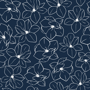 时髦的无缝花纹，上面放着深蓝色颜色玉兰花。矢量手绘制的图的打印，纺织，包装纸