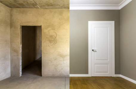 装修前后公寓房间的比较。新的房子内部有贴满油漆的墙壁, 白色的门和木橡木地板。房地产开发理念