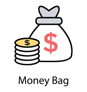 麻袋与美元符号和硬币堆一起显示想法的钱袋图标