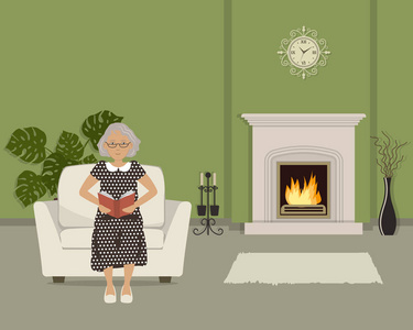 老妇人坐在扶手椅上看书。在绿色的起居室里有一个壁炉。房间里还有一个花瓶, 里面有装饰树枝挂钟和大花。矢量图像