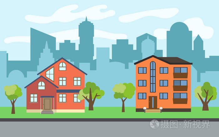 矢量城市有两个三层的卡通房子和绿树在阳光明媚的日子里.