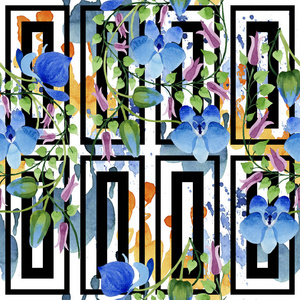 蓝色花朵的装饰品。花卉植物花。无缝的背景图案。织物墙纸打印纹理。背景质地包装图案框架或边框的水彩画野花