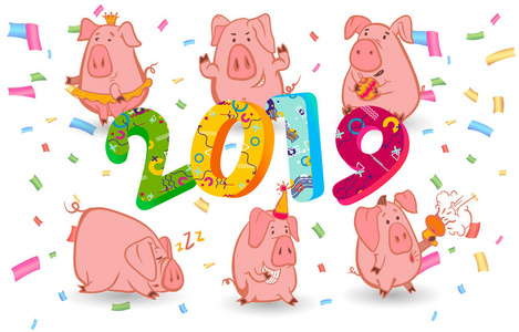 一套中国象征的2019年猪有不同的情绪。矢量隔离插图