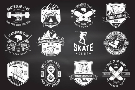 一套滑板和长板俱乐部徽章。矢量插图