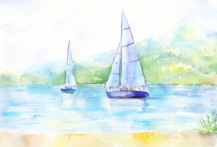 水彩画 風景 帆船37✖️25フレーム無 海に浮かぶ帆船のオリジナル