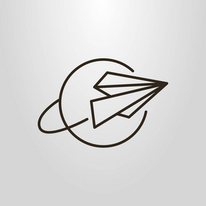 黑白简单向量线艺术符号在行星上飞行的纸飞机照片