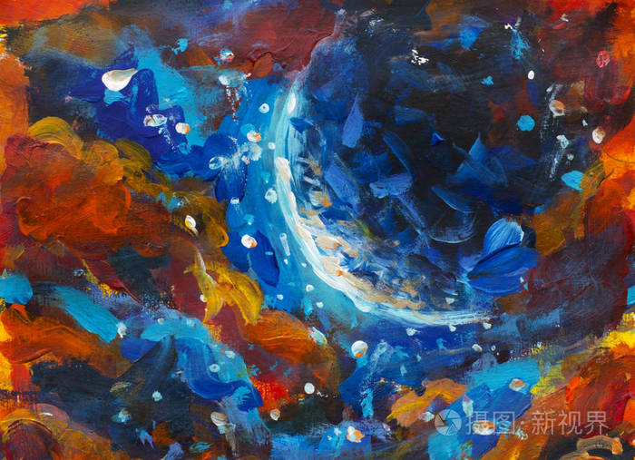 抽象绘画是一个巨大的闪亮的蓝色行星, 一个星光灿烂的天空, 一个宇宙