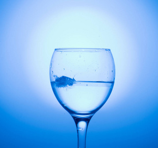 蓝色背景上的冰和水的酒杯