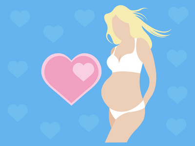 飞行快乐的孩子女孩拥抱孕妈妈的肚子孕桌孕腹怀孕设置图标的卡通风格